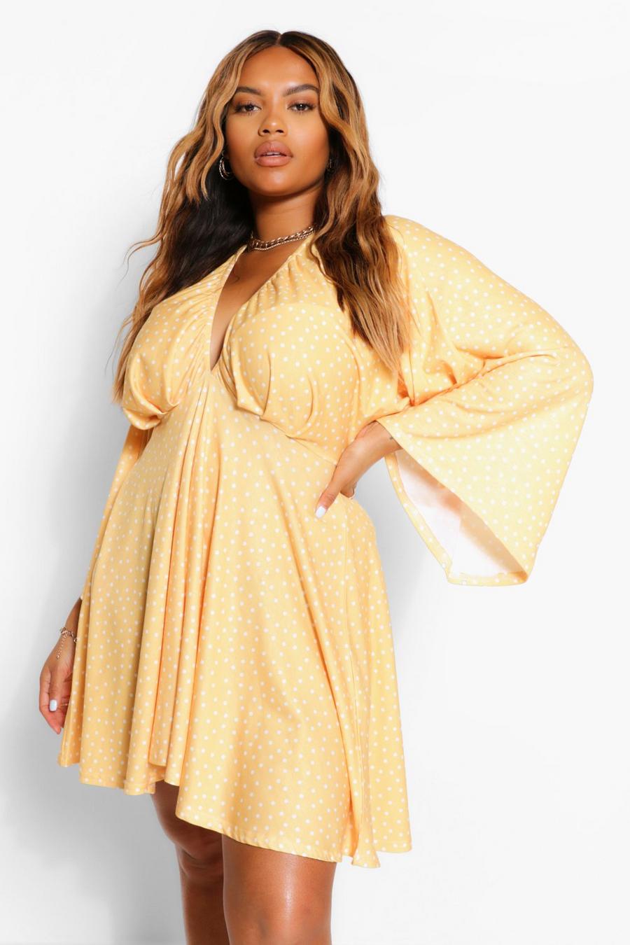 Mustard Plus Polka Dot Plunge Kimono Sleeve Skater Dress image number 1