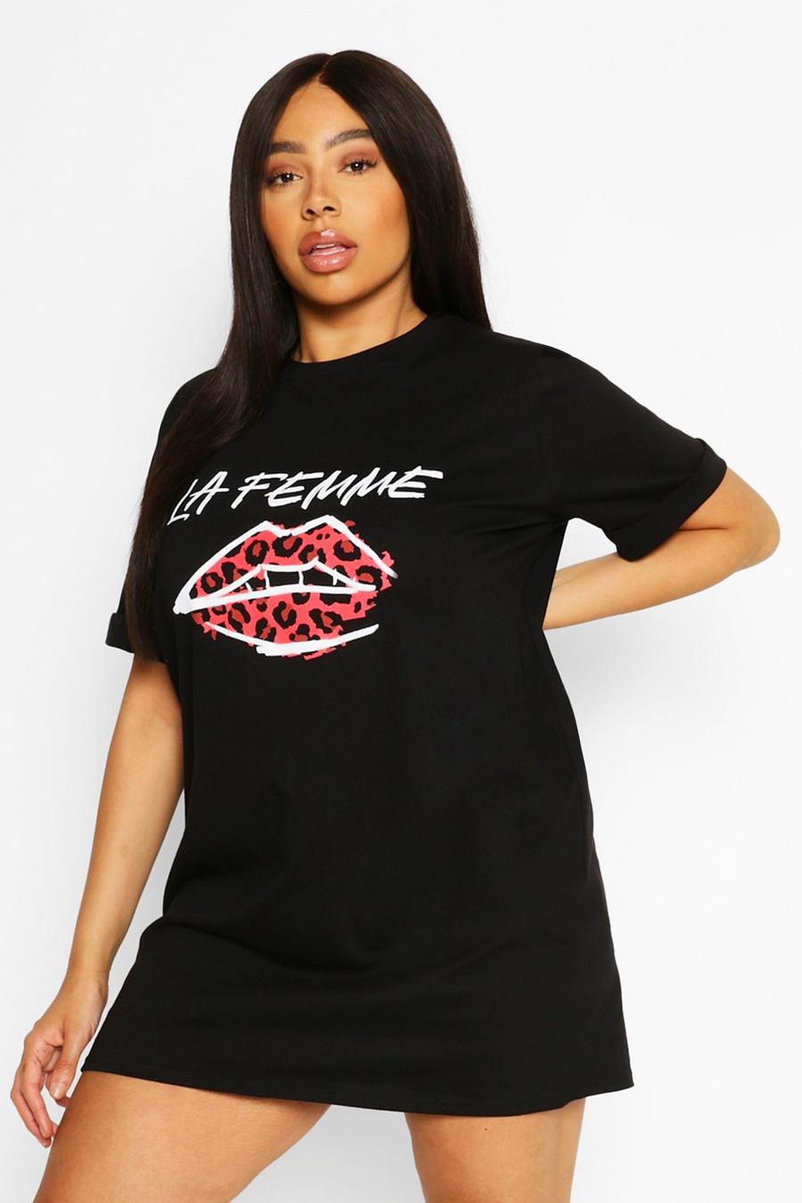 Black Plus Lips Slogan Oversized T-Shirt Dress image number 1