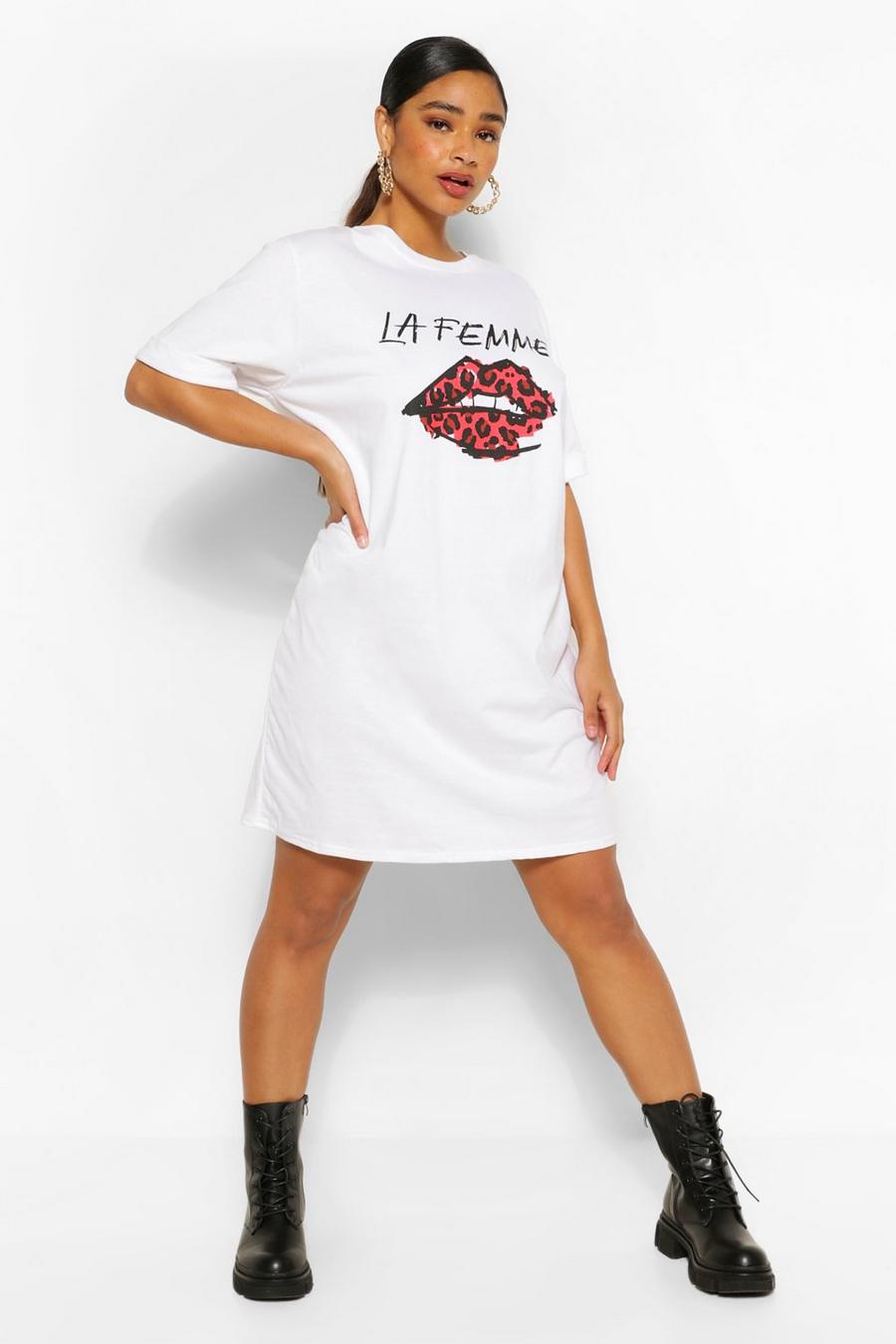 Plus T-Shirt-Kleid in Übergröße mit Lips-Slogan, White image number 1