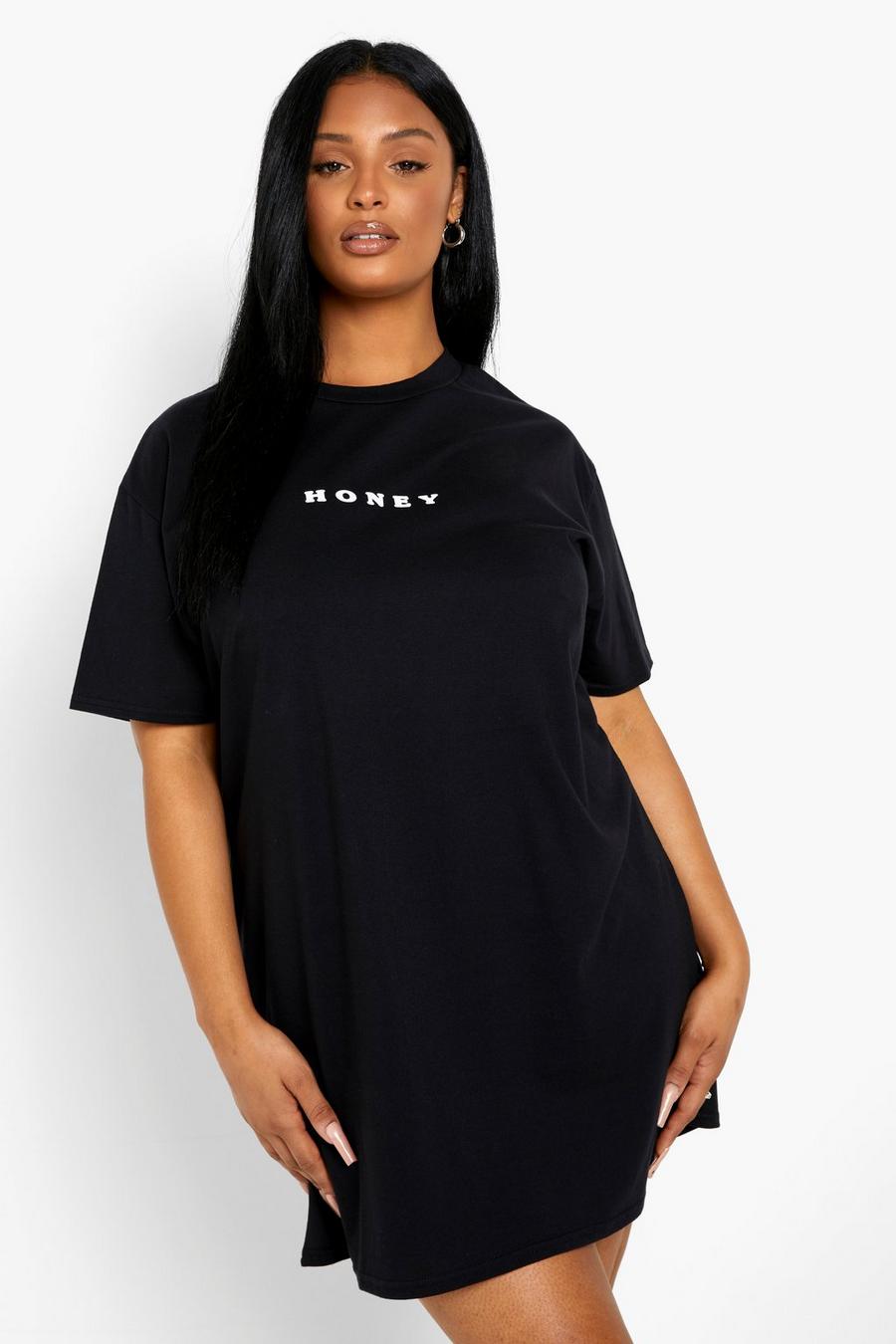 Vestito T-shirt Plus Size oversize con scritta Honey, Nero negro image number 1