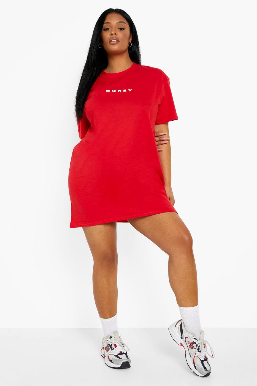 Vestito T-shirt Plus Size oversize con scritta Honey, Rosso rojo