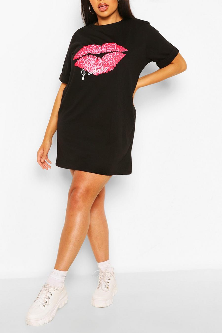 Black Plus J'Adore T-shirtklänning med läppmotiv image number 1
