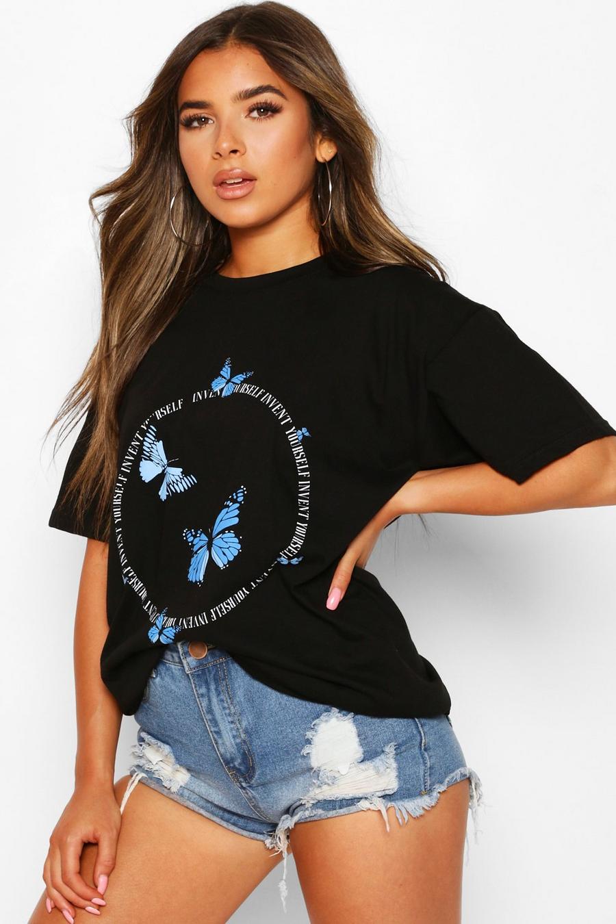 Petite T-Shirt mit „Invent Yourself“-Butterfly-Slogan, Schwarz image number 1