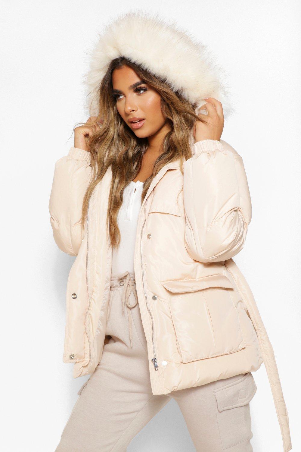 petite puffer jacket with fur hood