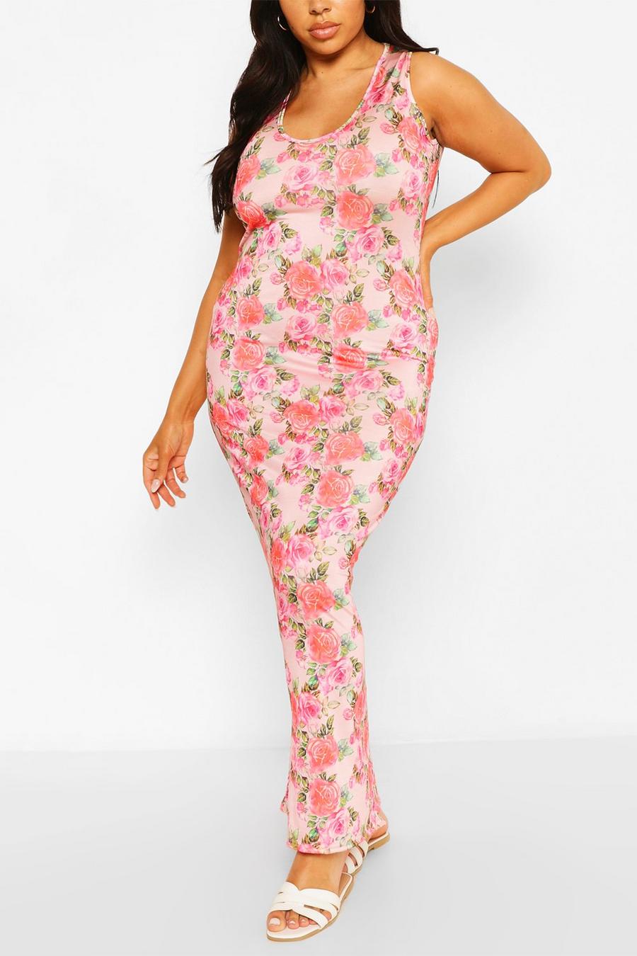 Plusmaat nauwsluitende maxi-jurk met diepe hals en bloemenprint image number 1