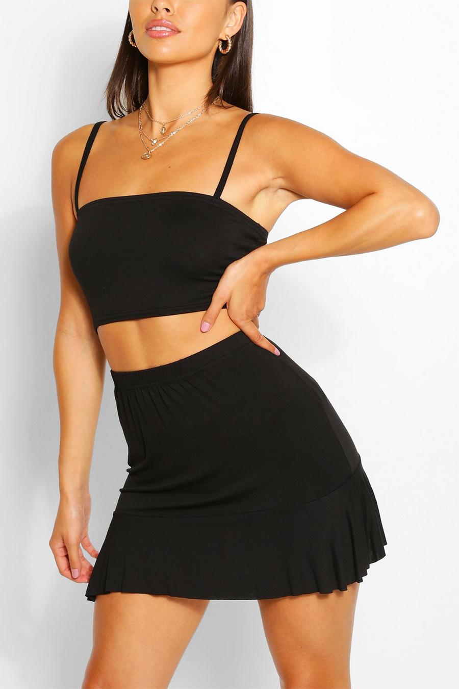 Black Petite Square Neck Top And Frill Hem Skirt Co-Ord image number 1