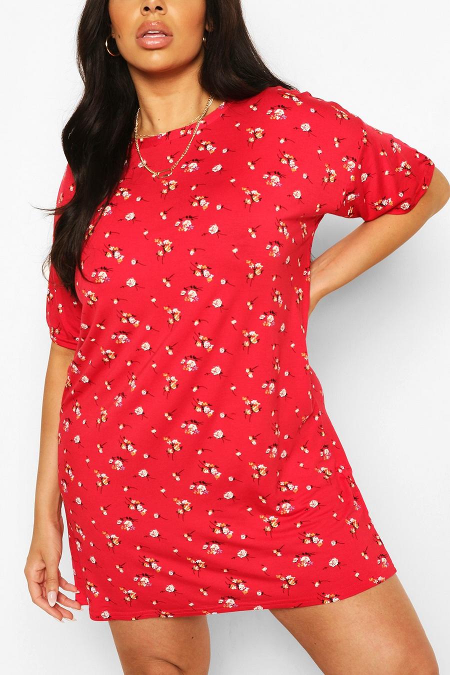 Red Plus Floral Print T-Shirt Dress image number 1