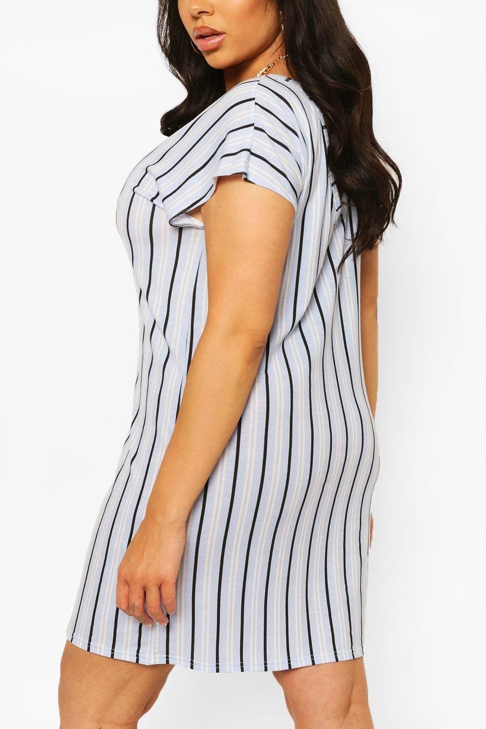 Plus Stripe V Neck Key Hole Detail T Shirt Dress