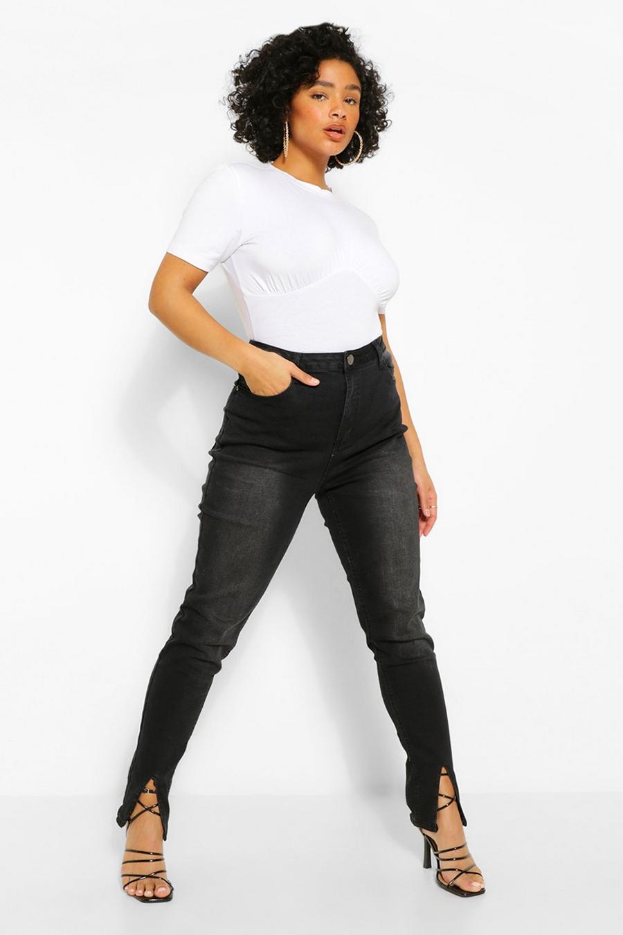 שחור סקיני ג'ינס עם מכפלת שסע קדמי מידות גדולות image number 1