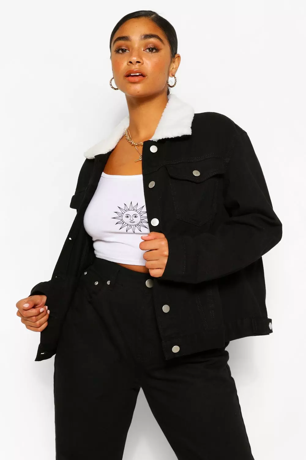 Borg lined black sales denim jacket womens