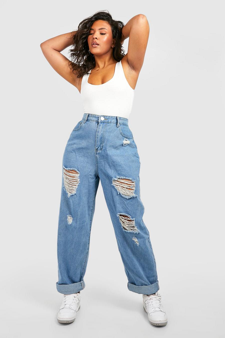 Jeans Mom Plus Size strappati e smagliati, A lavaggio leggero image number 1