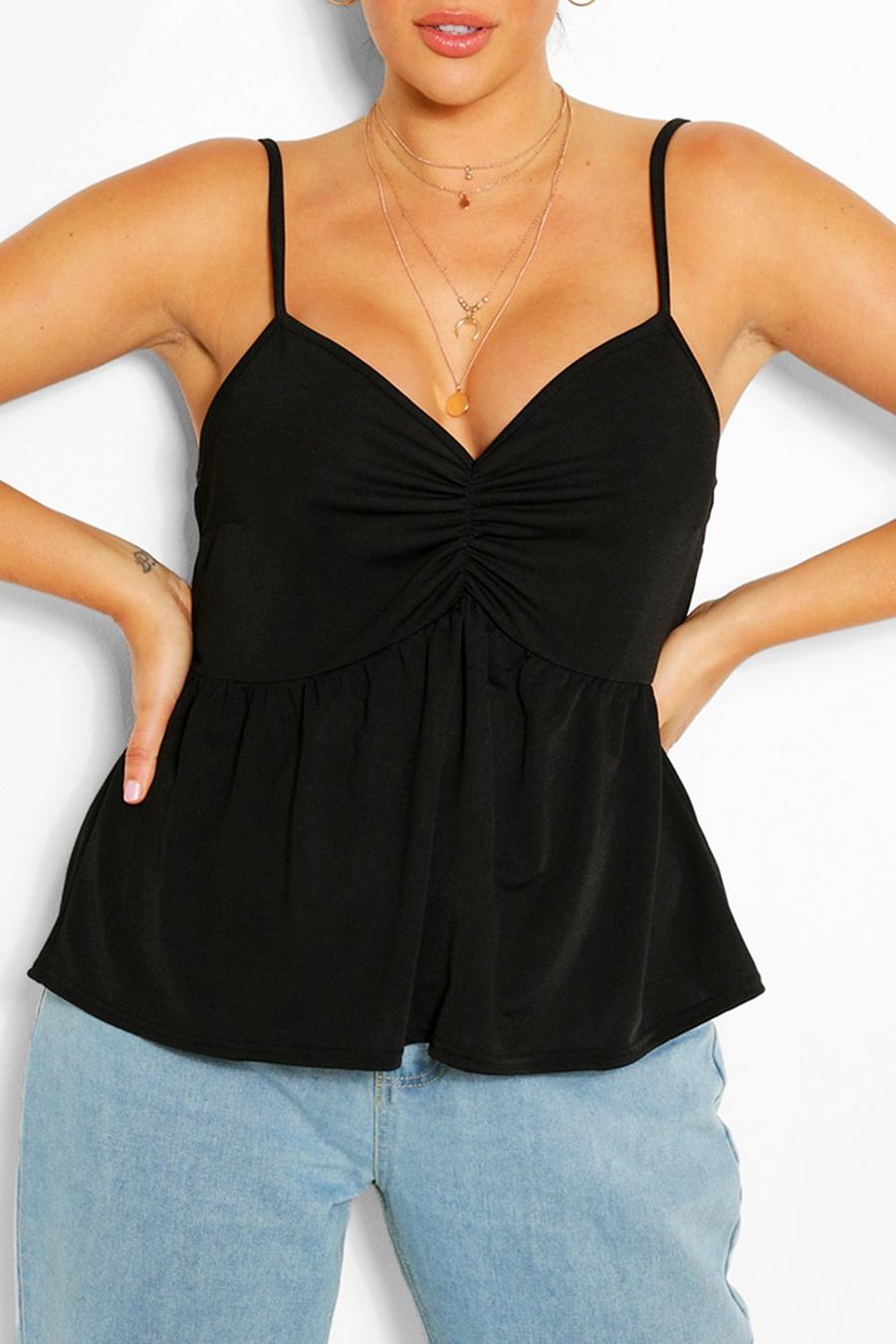 Black Plus Ruched Front Peplum Cami Top image number 1