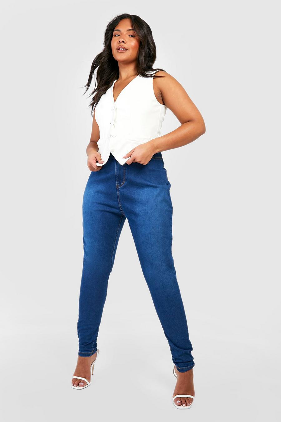 כחול ביניים סקיני ג'ינס נמתח High Rise מחטב ישבן למידות גדולות 