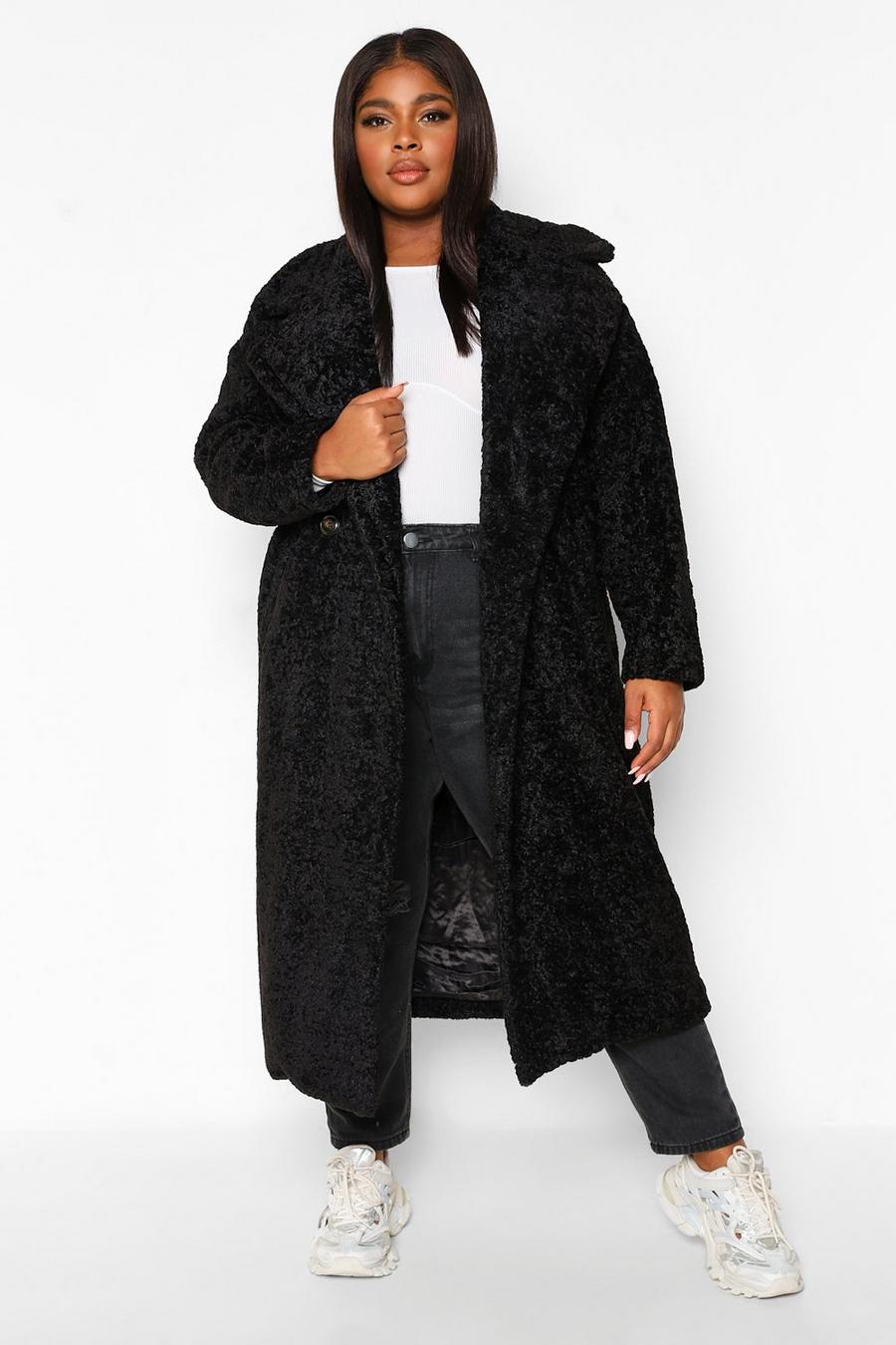 Black Plus Teddy Faux Fur Trench Coat image number 1