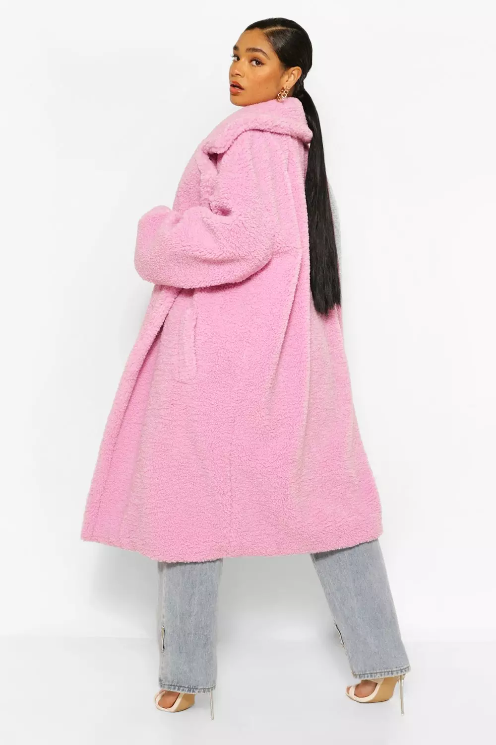 Boohoo pink outlet teddy coat