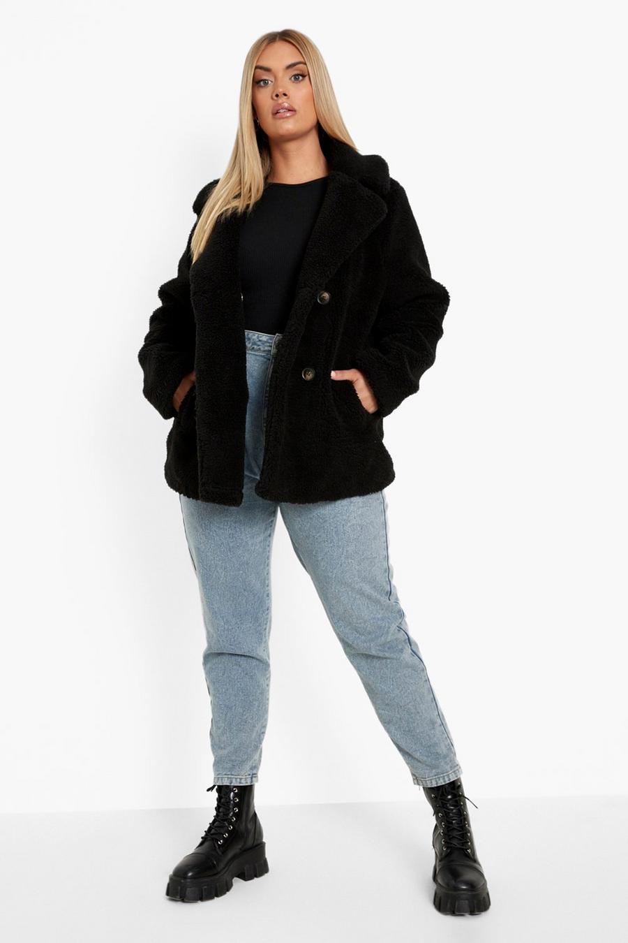 Black Plus Double Breasted Faux Fur Teddy Coat image number 1