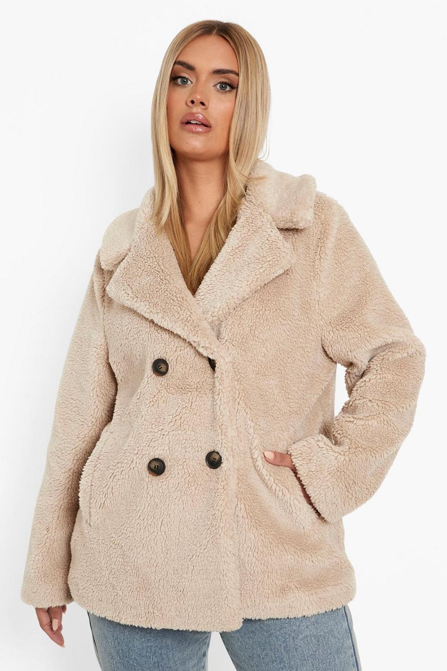 Stone beige Plus Double Breasted Faux Fur Teddy Coat