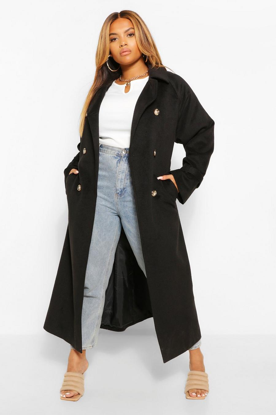 Black Plus Wool Look Double Breasted Trench Coat image number 1