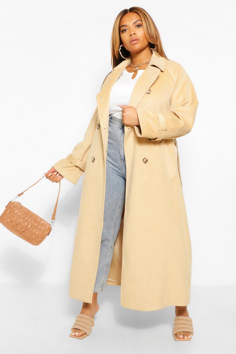 Camel Plus Wool Look Double Breasted Trench Coat image number 1