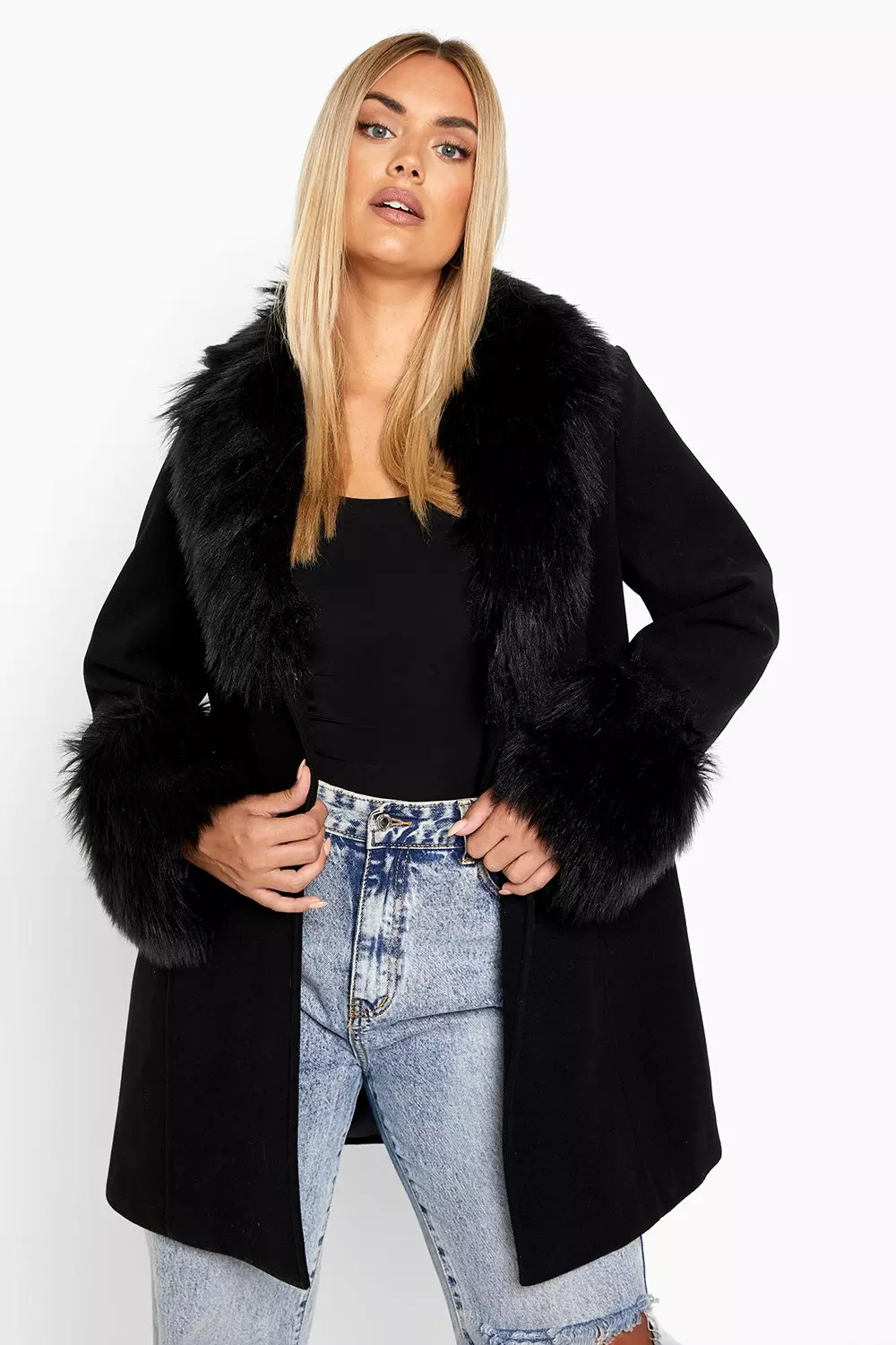 Black shawl faux fur collar clearance coat