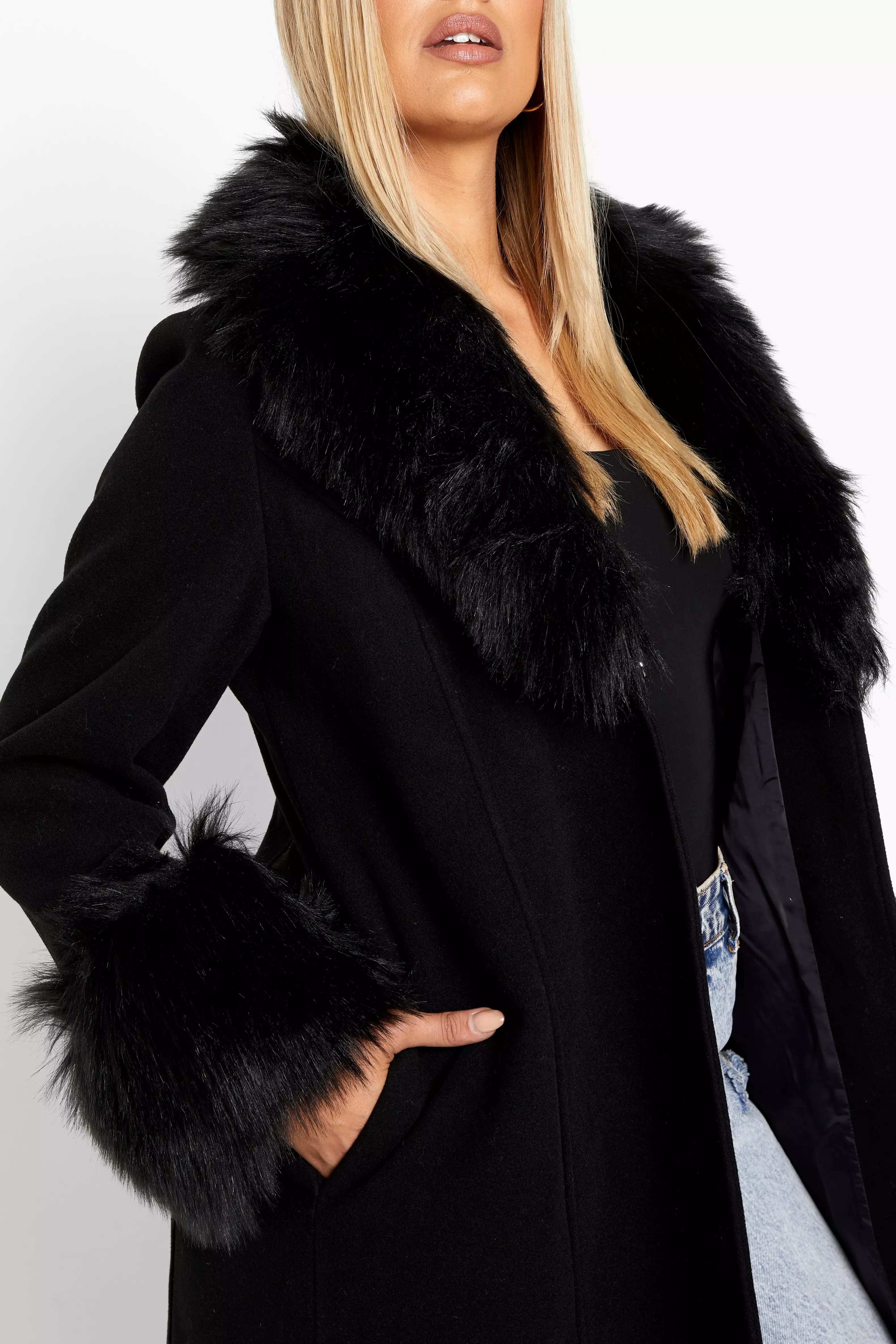 Black shawl faux shop fur collar coat