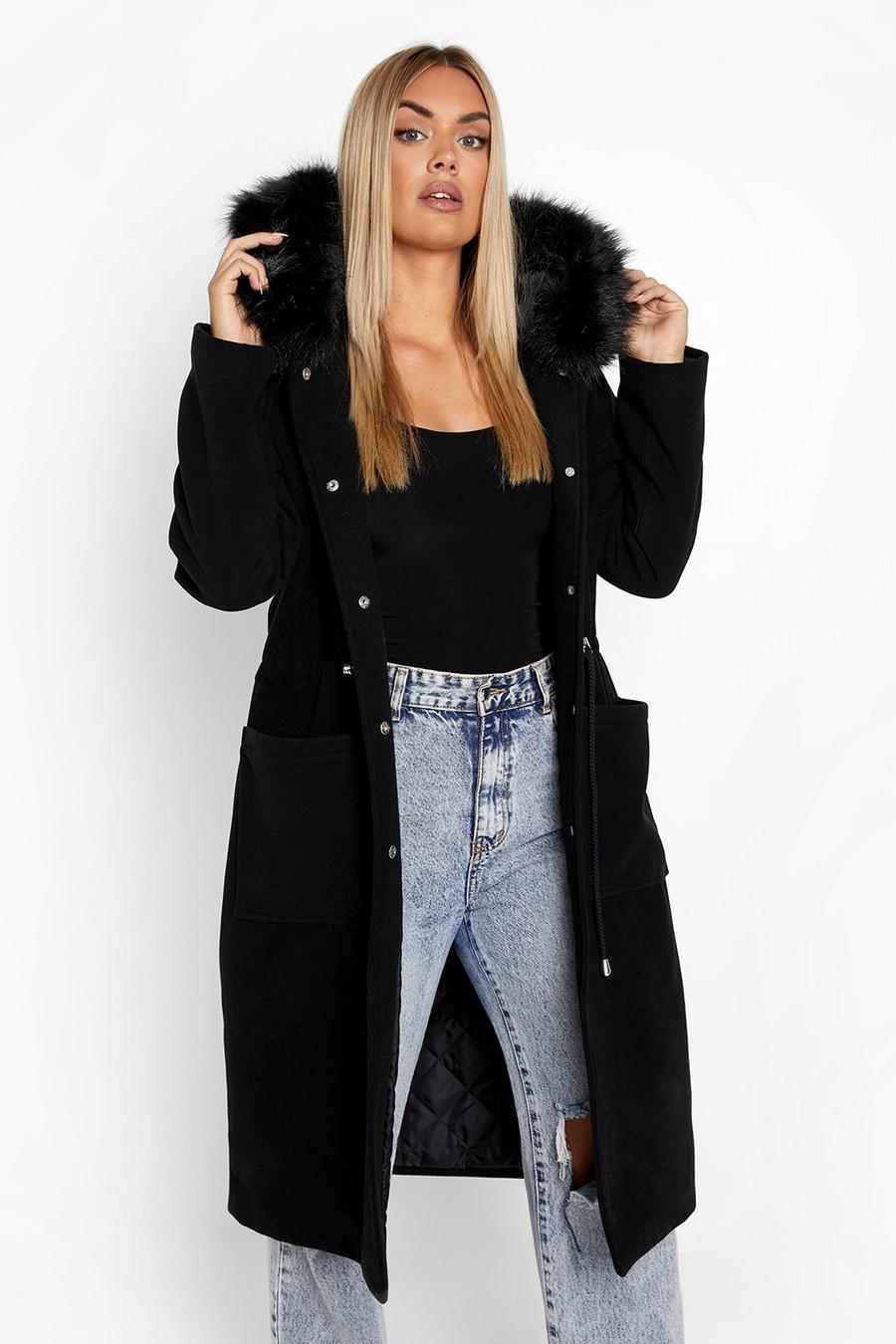 Boohoo Plus Faux Fur Overcoat in Black Womens Clothing Coats Fur coats 