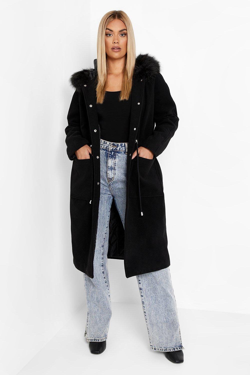 Women's Plus Hooded Wool Look Coat