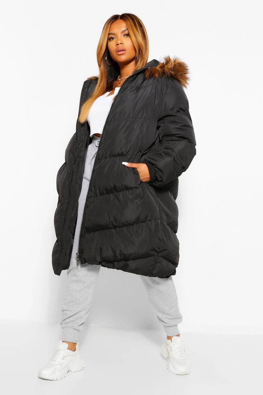 Black Plus Maxi Padded Puffer Coat With Faux Fur Hood image number 1