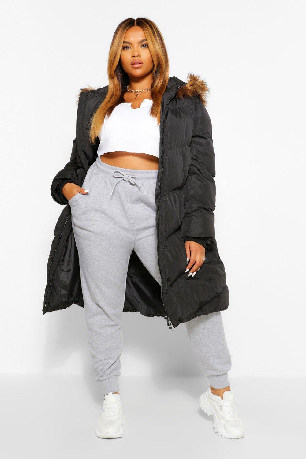 Boohoo padded coat store with faux fur hood