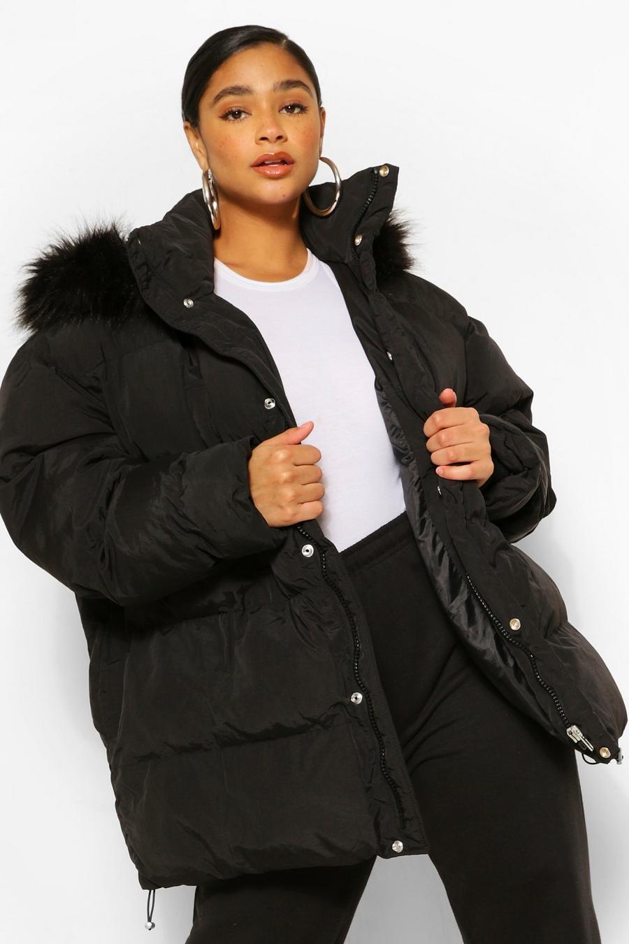 Black Plus Padded Puffer Coat With Faux Fur Hood image number 1