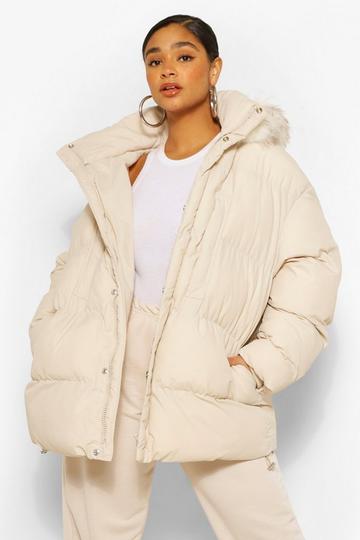 Plus Padded Puffer Coat With Faux Fur Hood taupe