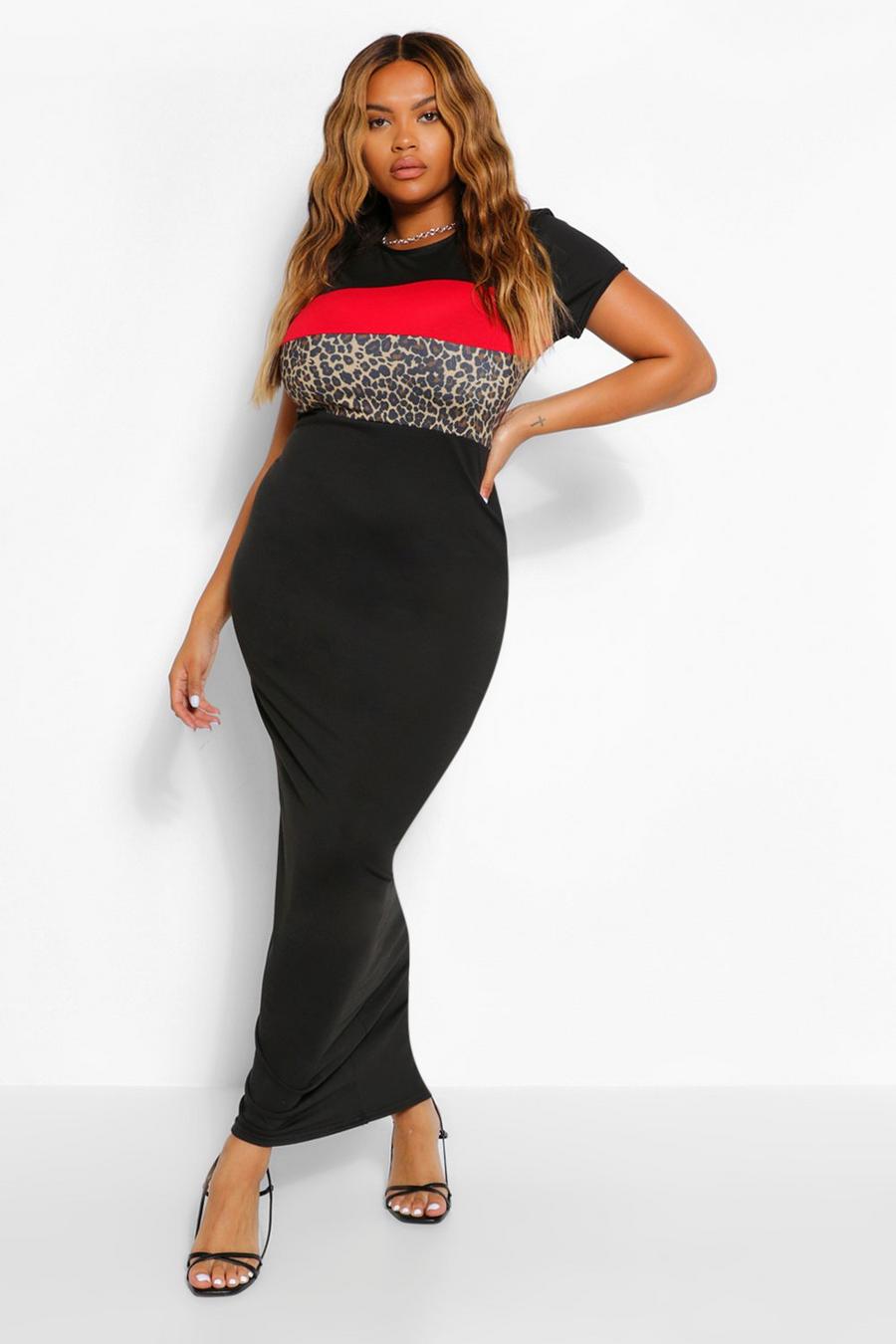 Black Plus Leopard Colour Block Cap Sleeve Maxi Dress image number 1