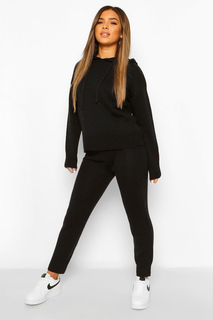 Black Beige Petite Hooded Sweater And Jogger Lounge Set image number 1