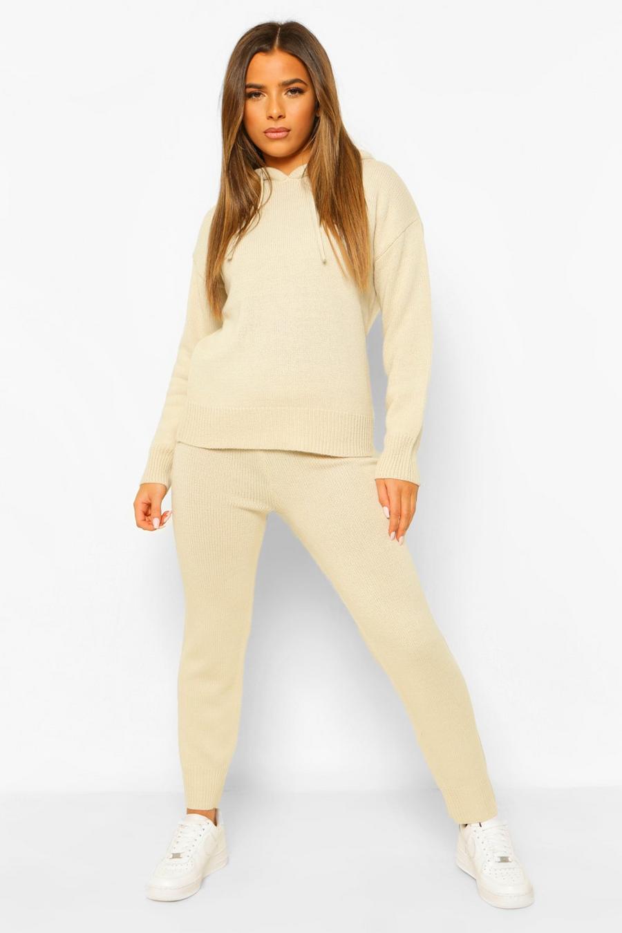 Oatmeal Beige Petite Hooded Jumper And Track Pant Lounge Set image number 1