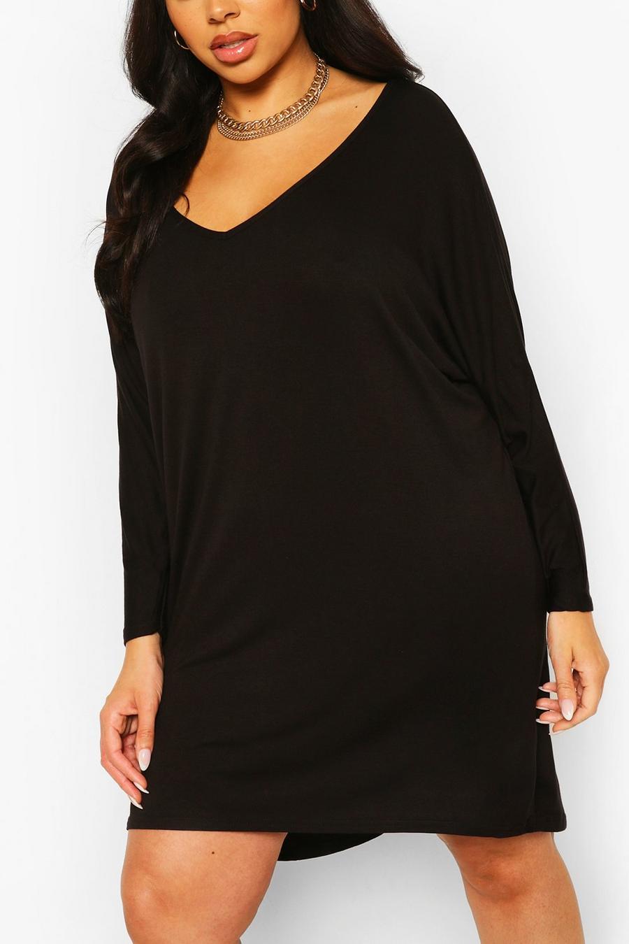 Black Plus Long Sleeve Basic T-Shirt Dress image number 1