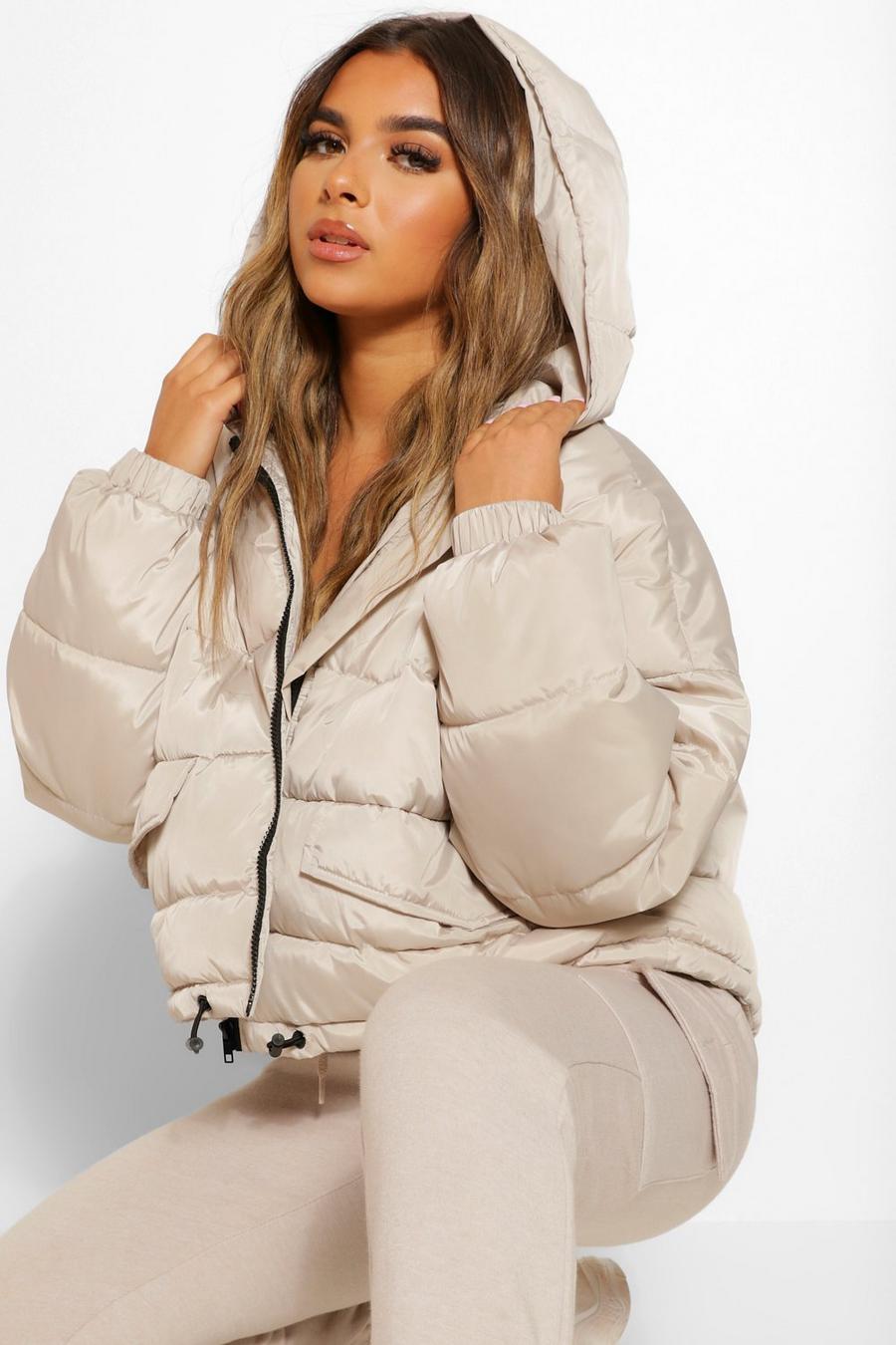 Taupe Petite Hooded Puffer Jacket image number 1