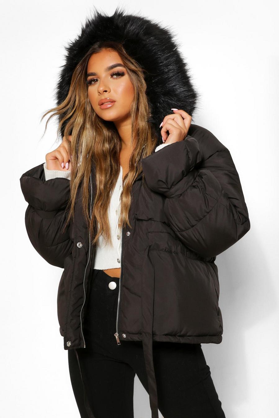 Black Petite Faux Fur Hooded Padded Jacket image number 1