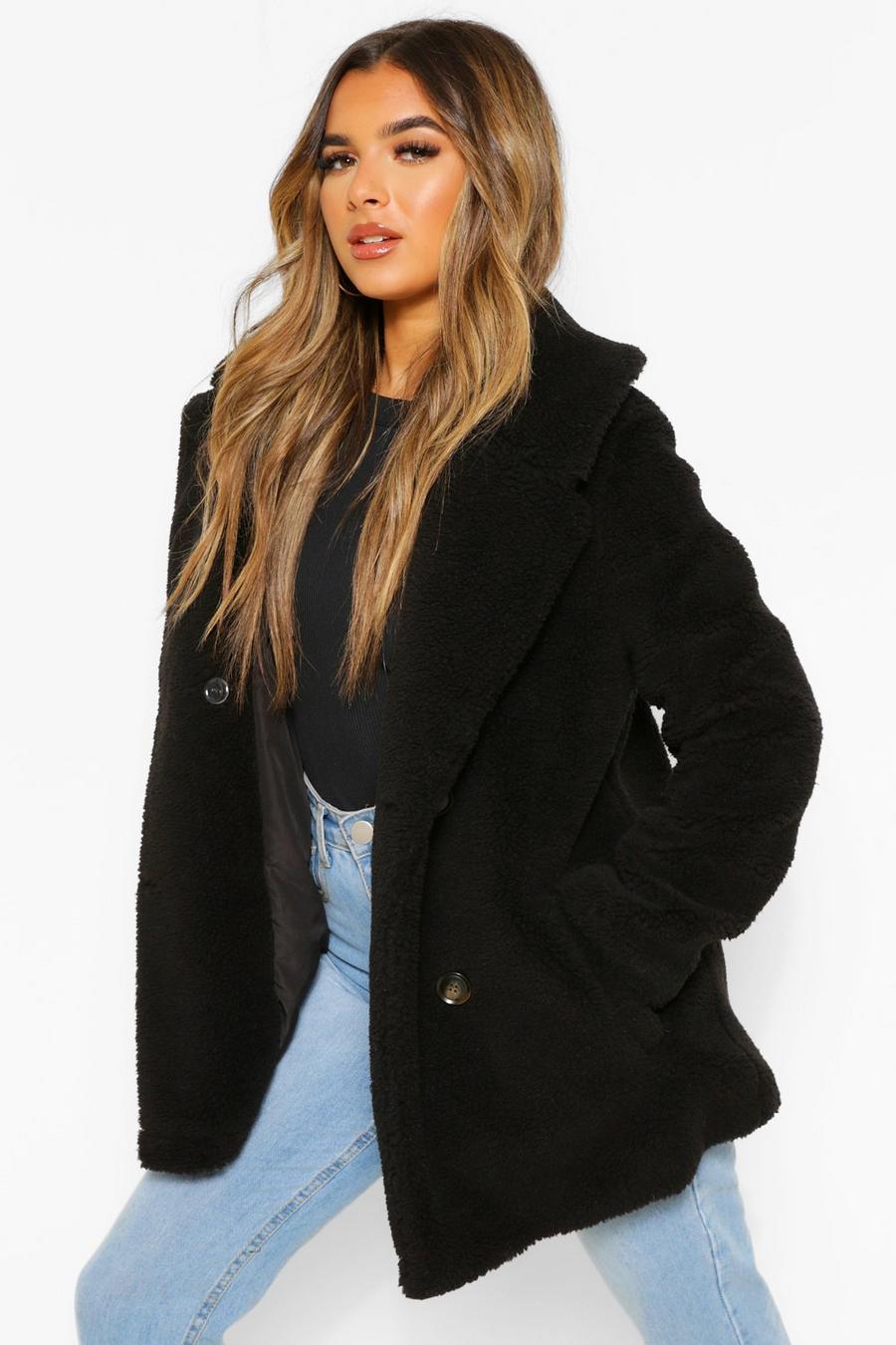 Black Petite Button Front Teddy Coat image number 1