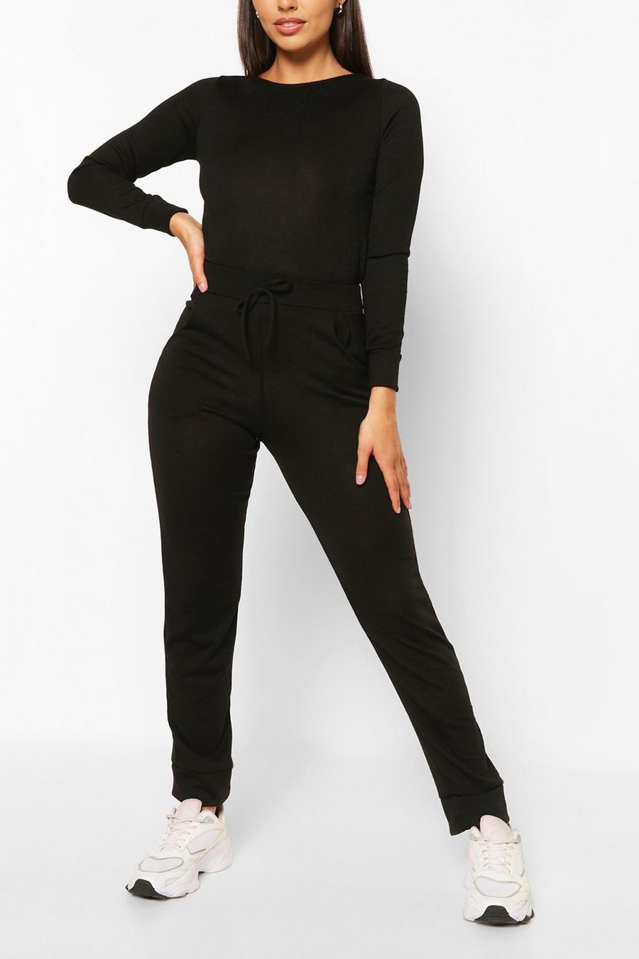 Black Petite Knit Jogger And Crop Loungewear Set image number 1
