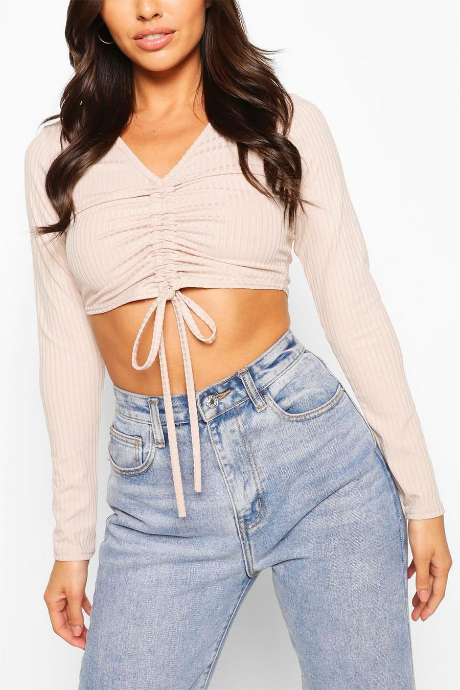 Stone Petite Rib Long Sleeve Ruched Front Crop Top image number 1