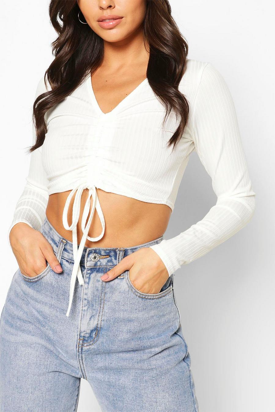 White bianco Petite Rib Long Sleeve Ruched Front Crop Top image number 1