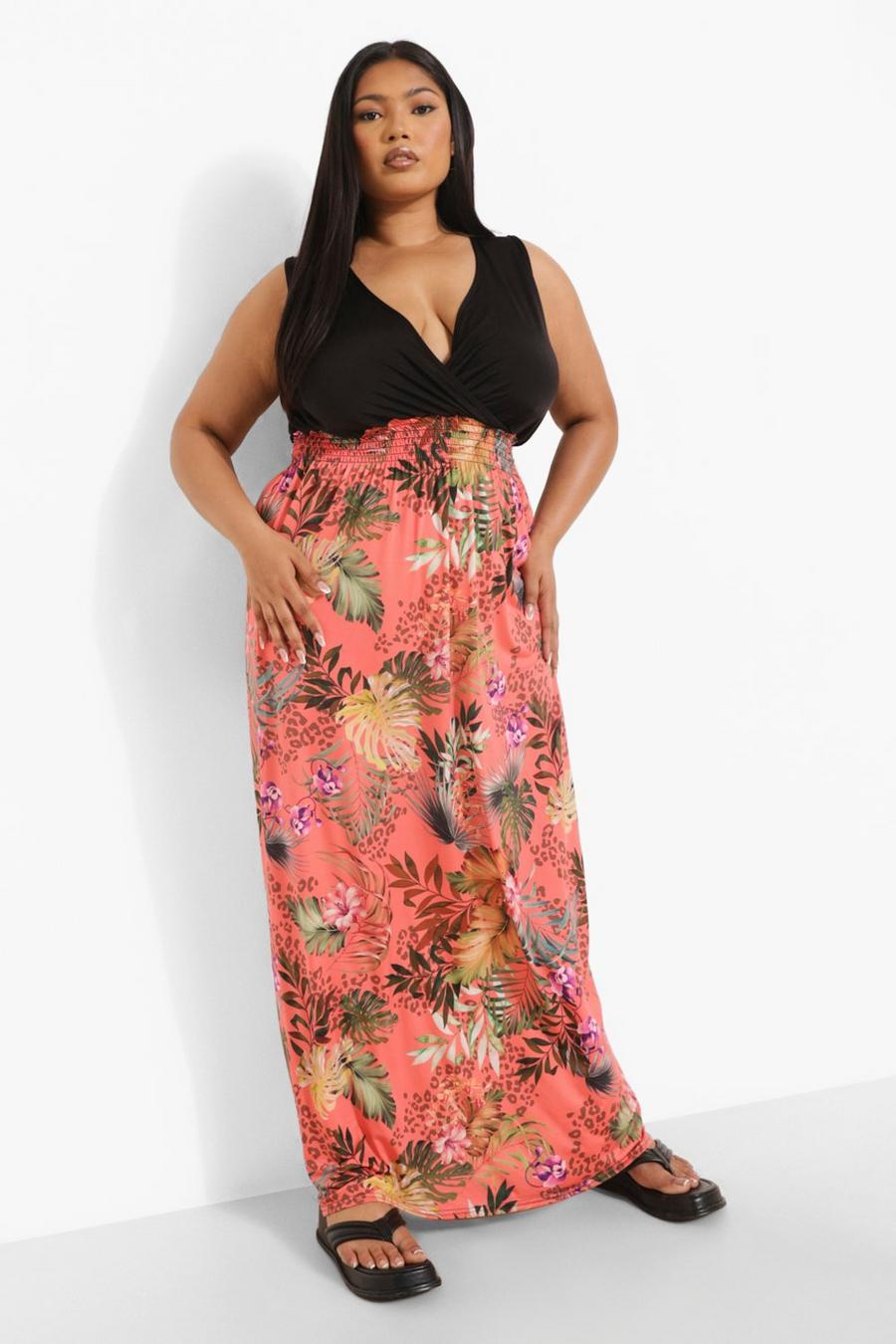 אפרסק שמלת מקסי עם הדפס דקלים וצבע מנוגד למידות גדולות image number 1
