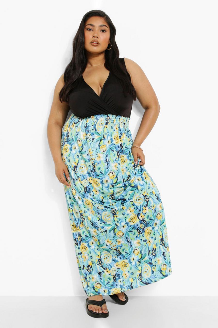 Green Plus Floral Contrast Maxi Dress image number 1