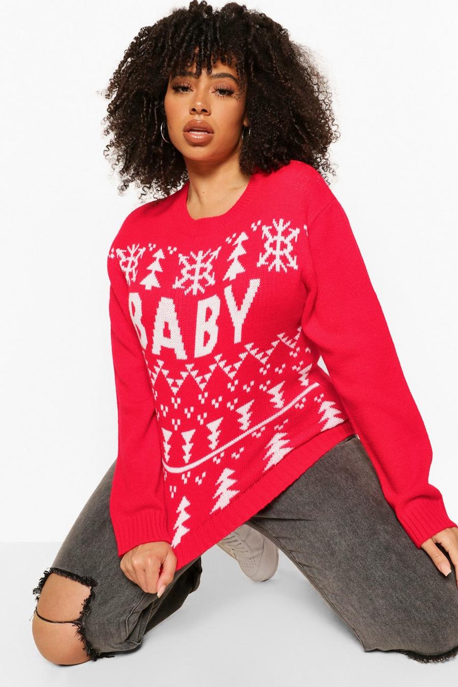 Plus Pullover natalizio con slogan Baby, Rosso