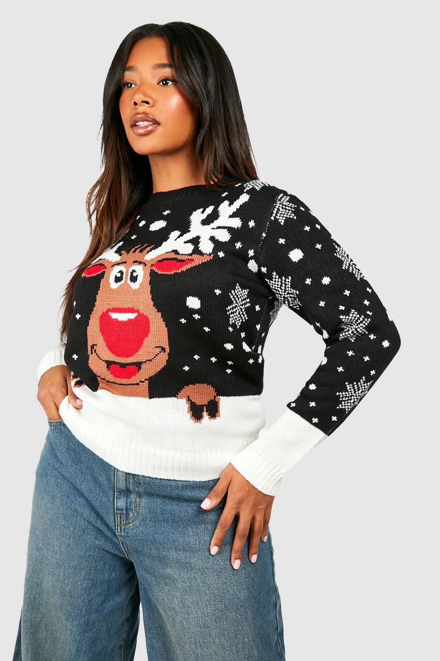 Black Plus Reindeer Snowflake Sweater image number 1