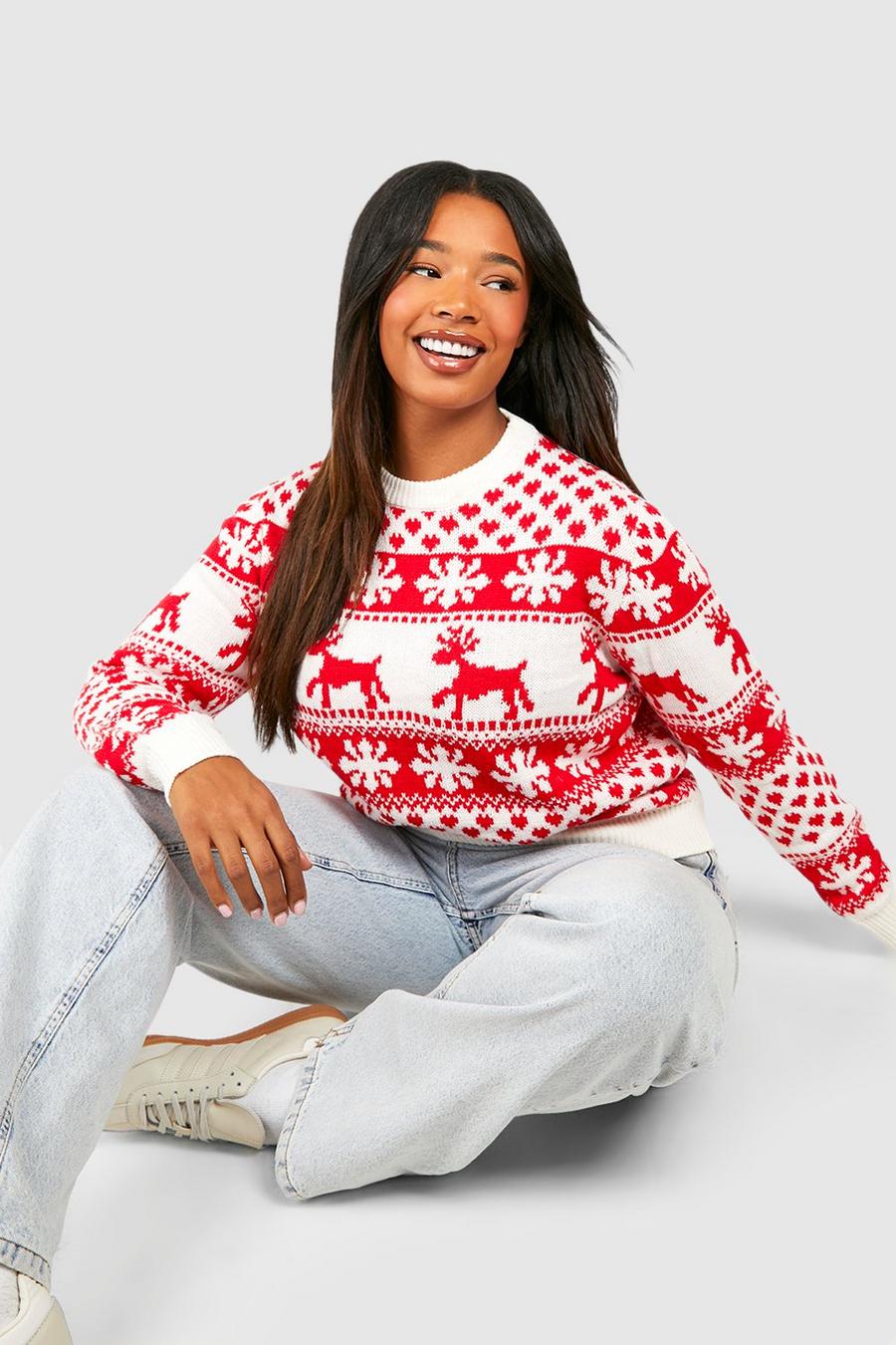 Plus Weihnachts-Pullover mit Rentier und Schneeflocken, Creme