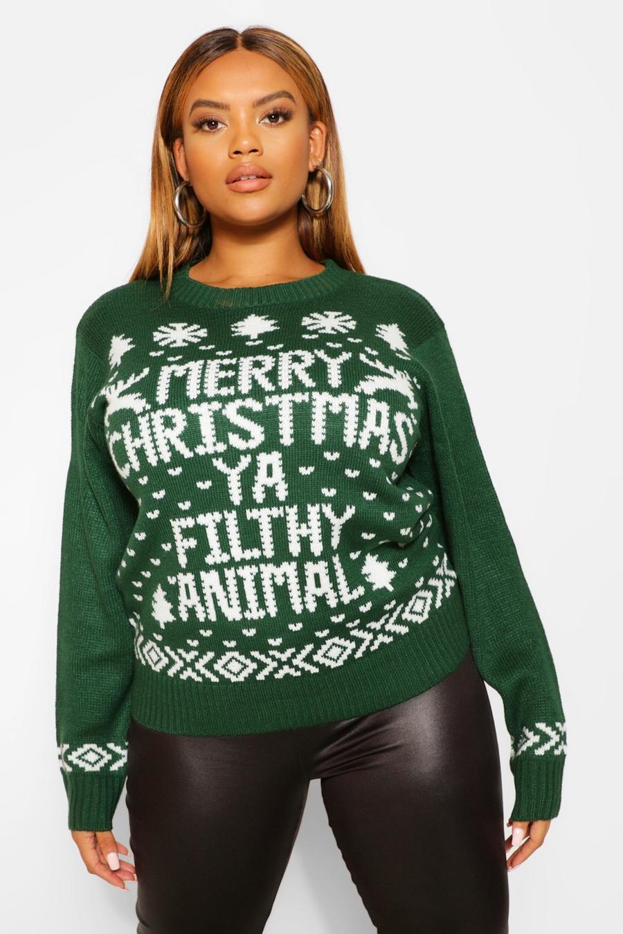 Grande taille - Pull Merry Christmas Ya Filthy Animal, Vert bouteille image number 1