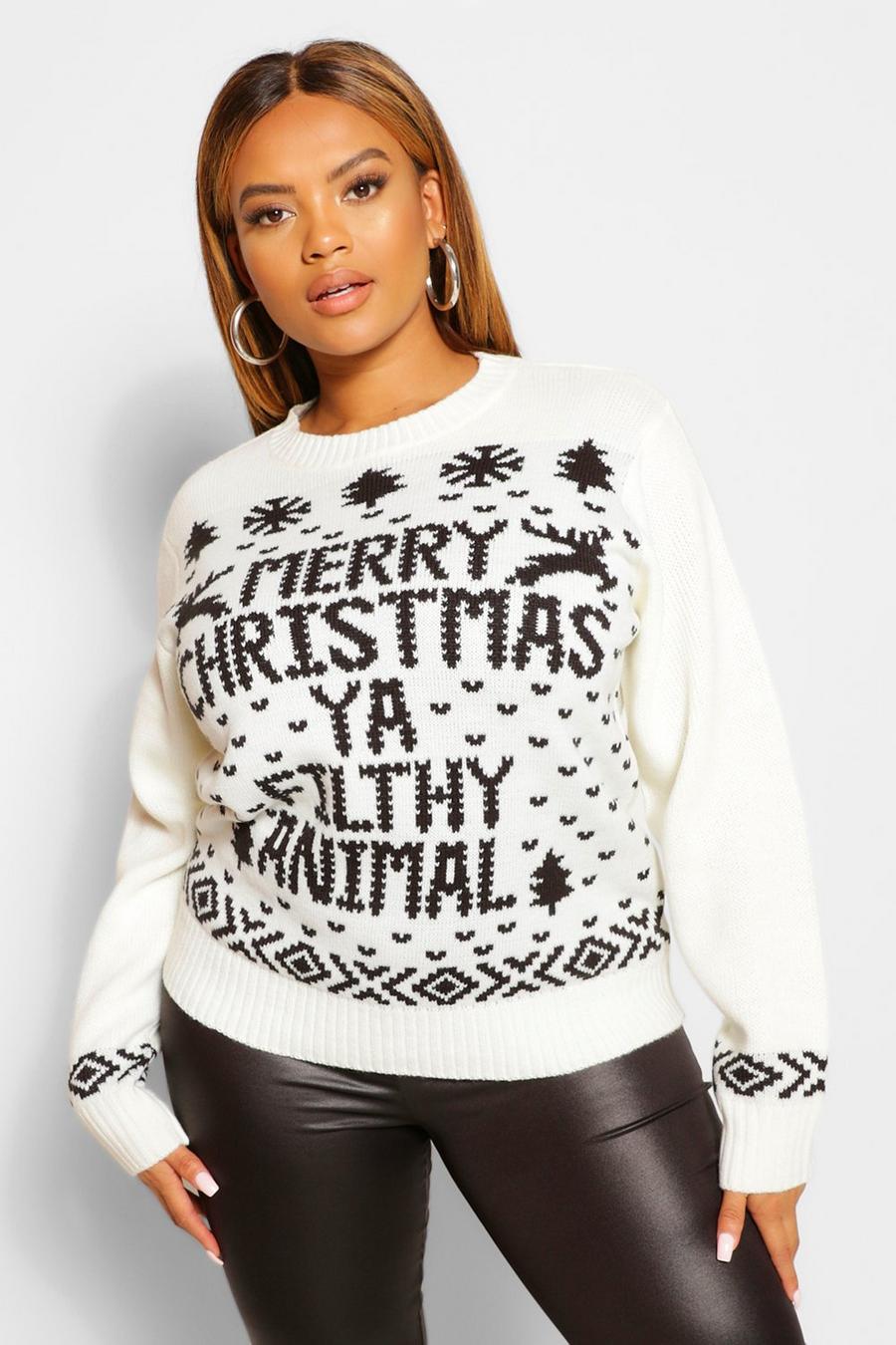 Grande taille - Pull 'Merry Christmas Ya Filthy Animal', Crème blanc