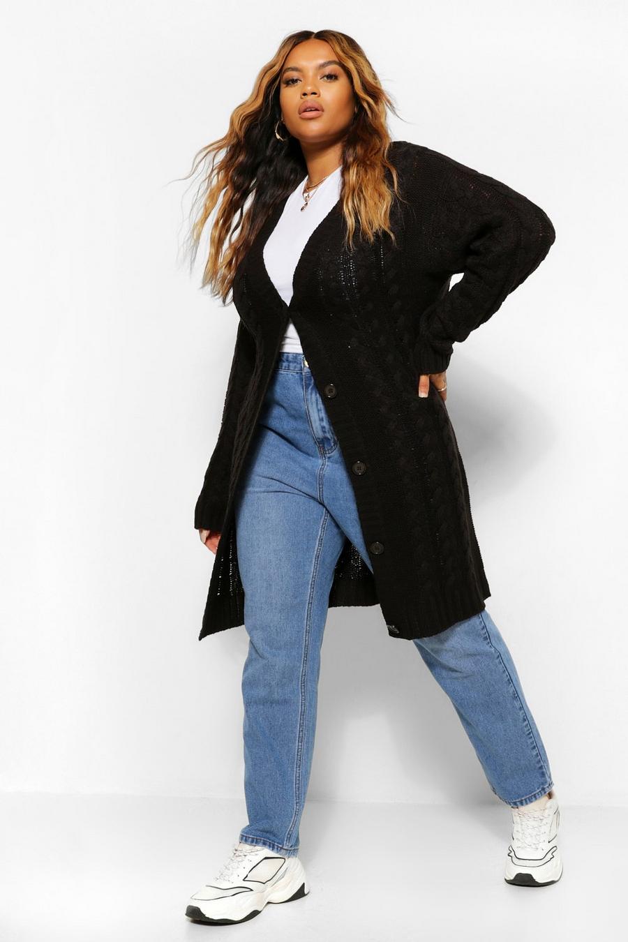 Black Plus Cable Knit Chunky Cardigan image number 1