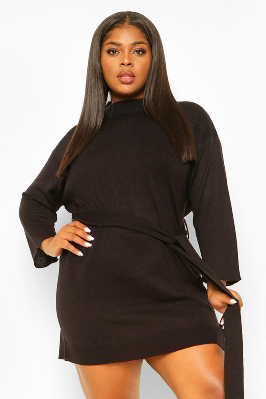 Black Plus High Neck Belted Sweater Dress image number 1
